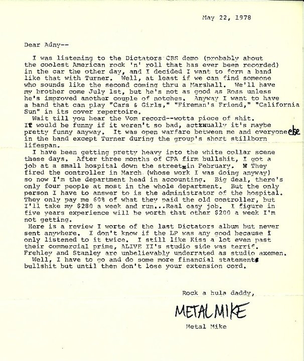 1978-05-22 - METAL MIKE Saunders to Adny Shernoff of The Dictators regarding the awful VOM recording and desire to start Dictators cover band